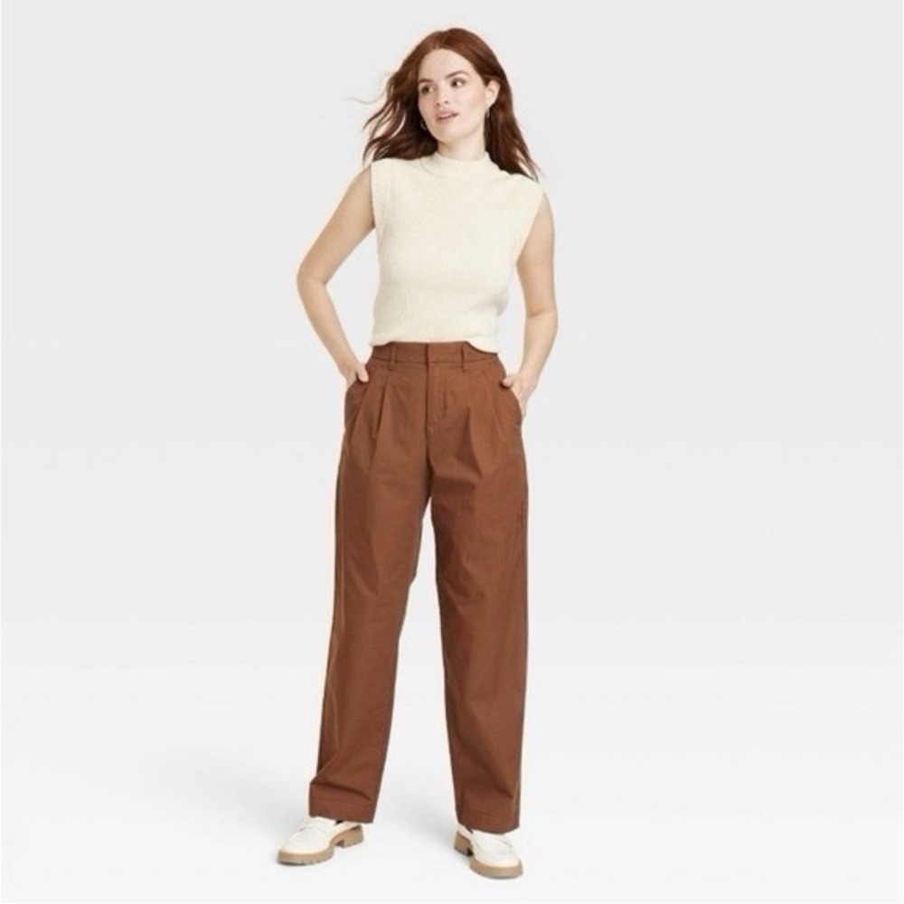 A New Day High-Rise Pleat Front Straight Chino Pants size 16 R - Brown - NEW
